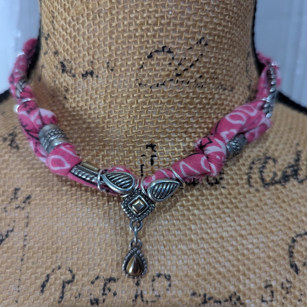 Brighton Pink Fabric Necklace with Silver Accents